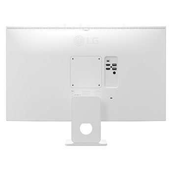 Zadní pohled na LG Smart Monitor zobrazující konstrukci stojanu a uspořádání konektivity.