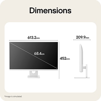 Rozměry LG Smart Monitor ilustrující celkovou velikost produktu a rozměry stojanu.