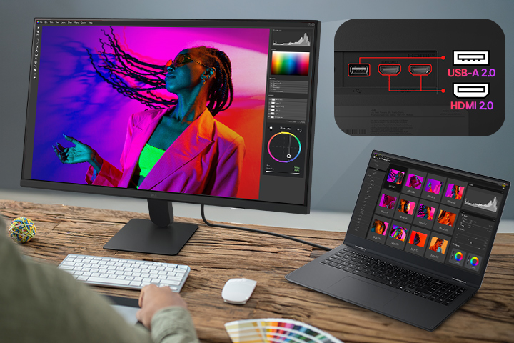 LG Smart Monitor připojený k notebooku přes USB-C s nabíjením 65 W, zobrazující pracovní prostředí pro úpravu fotografií, více portů včetně USB C, USB a HDMI, se zdůrazněním připojení jediným kabelem, nabíjení zařízení a pracovního prostoru zaměřeného na produktivitu