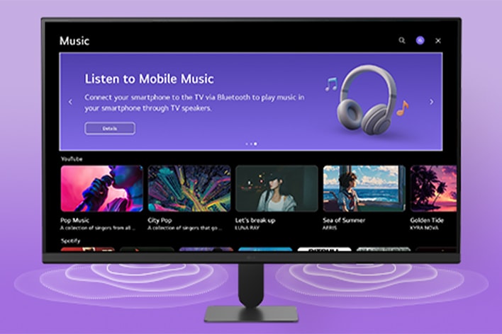 Na obrazovce LG Smart Monitor se zobrazuje rozhraní hudebních aplikací.