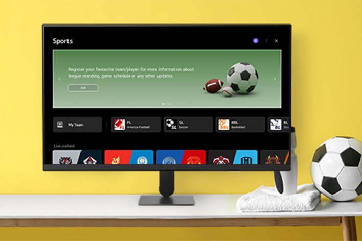 Na obrazovce LG Smart Monitor se zobrazují různé obrazovky sportů LG.