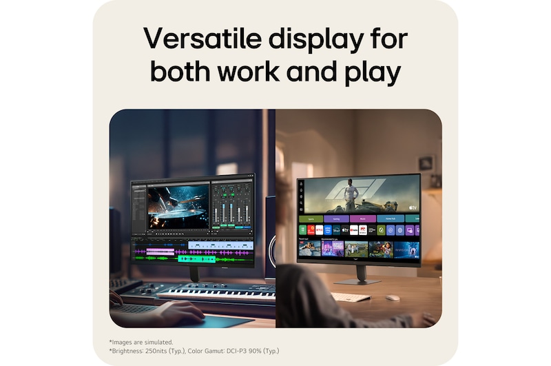 LG Smart Monitor zobrazující kreativní práci a zábavu v domácím prostředí.
