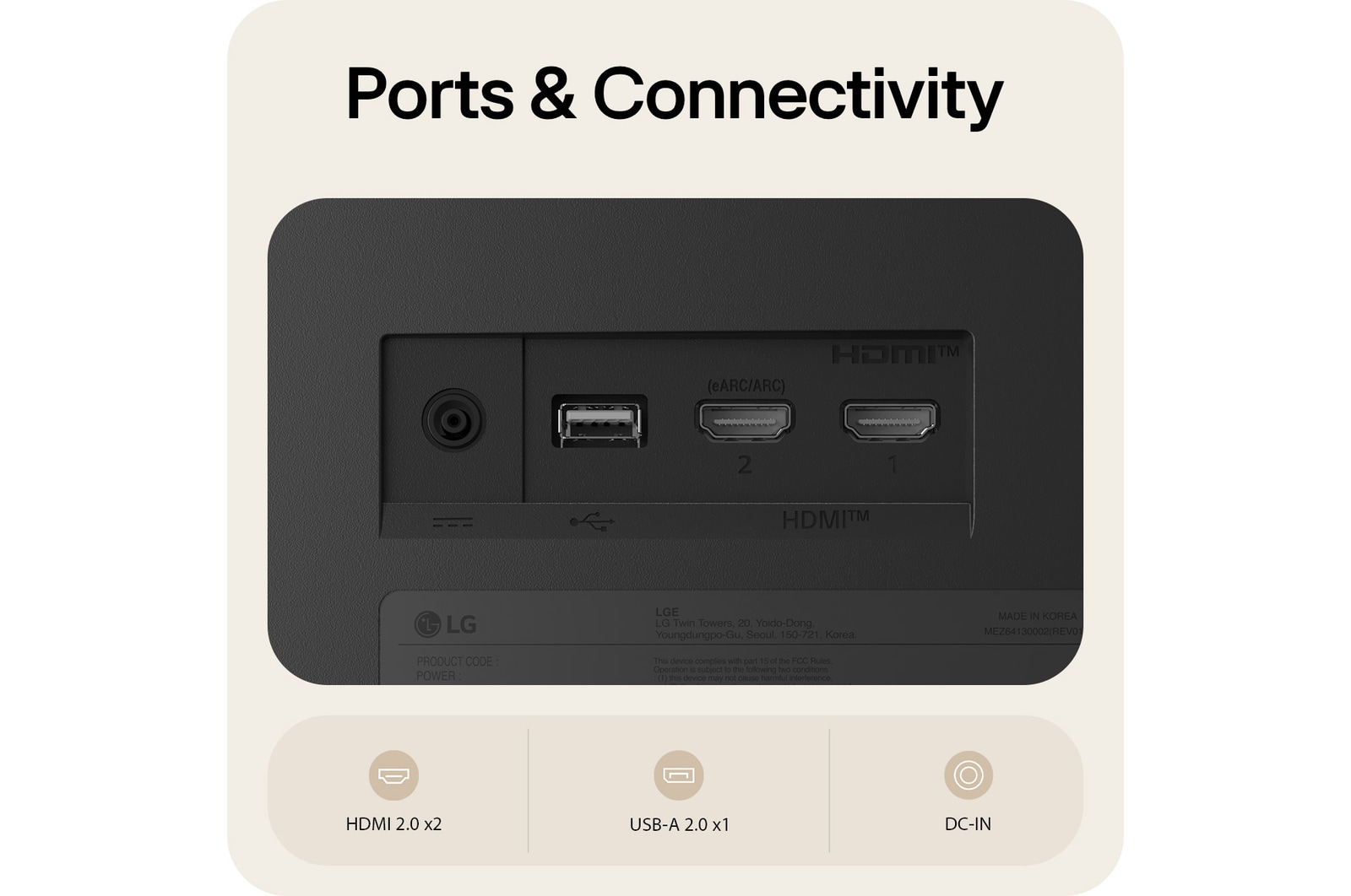 Detailní záběr na zadní porty LG Smart Monitor.