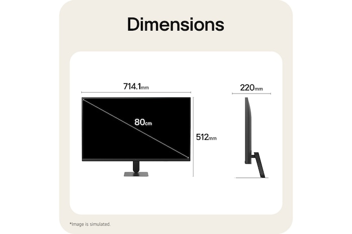Pohled zepředu a z boku na LG Smart Monitor znázorňující celkové rozměry a proporce produktu.