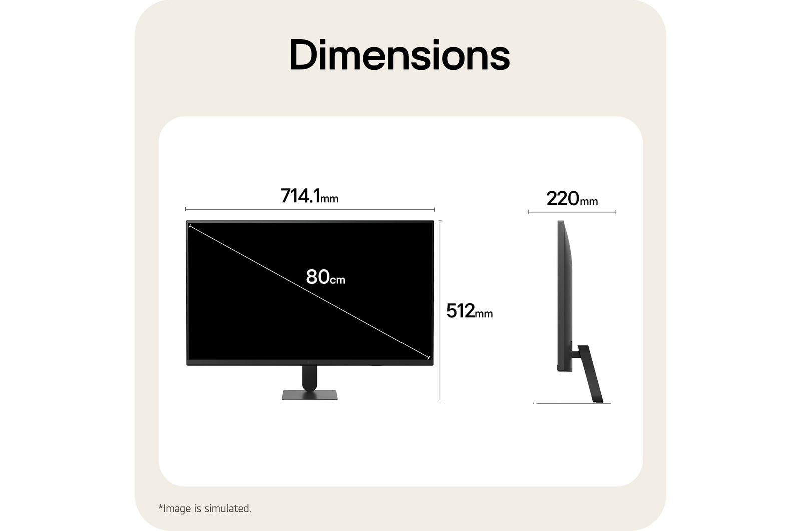 Pohled zepředu a z boku na LG Smart Monitor znázorňující celkové rozměry a proporce produktu.