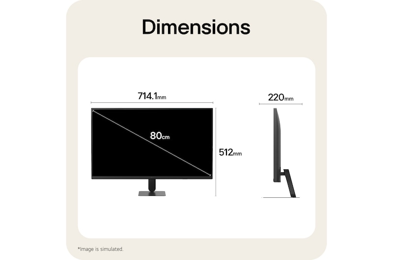 Pohled zepředu a z boku na LG Smart Monitor znázorňující celkové rozměry a proporce produktu.