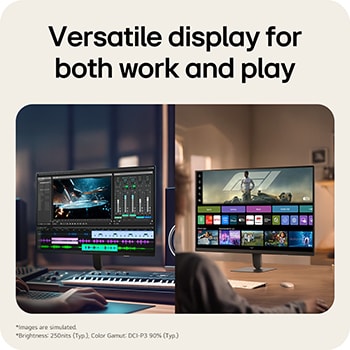LG Smart Monitor zobrazující kreativní práci a zábavu v domácím prostředí.