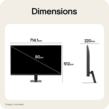 Pohled zepředu a z boku na LG Smart Monitor znázorňující celkové rozměry a proporce produktu.