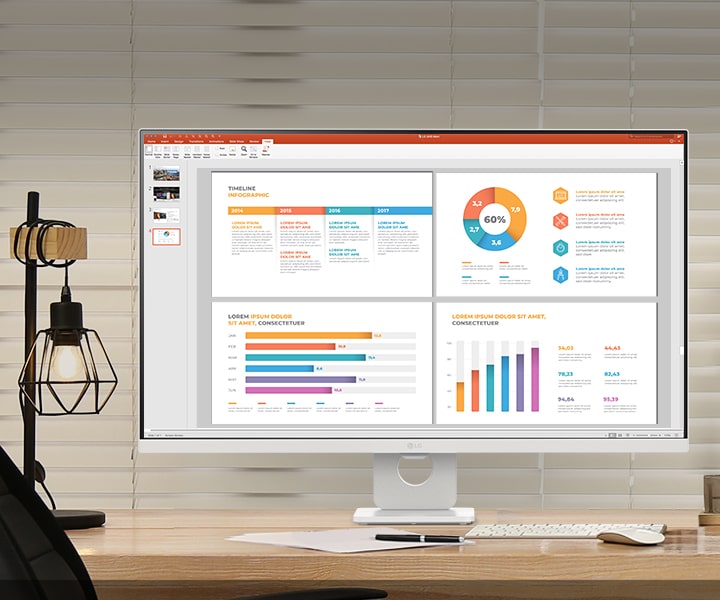 Na obrázku je zobrazen LG Smart Monitor na pracovním stole, přičemž nabízí možnost práce i zábavy.