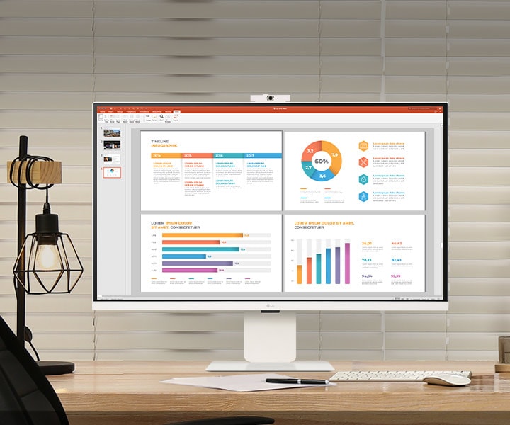 Na obrázku je zobrazen LG Smart Monitor na pracovním stole, přičemž nabízí možnost práce i zábavy.