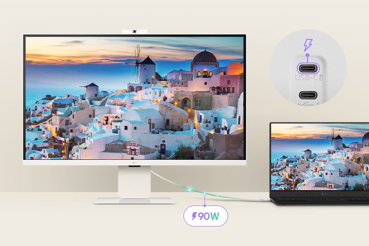 Notebook je připojen k monitoru LG Smart Monitor přes USB-C. Monitor se nabíjí přes USB-C a zároveň zobrazuje stejnou obrazovku.