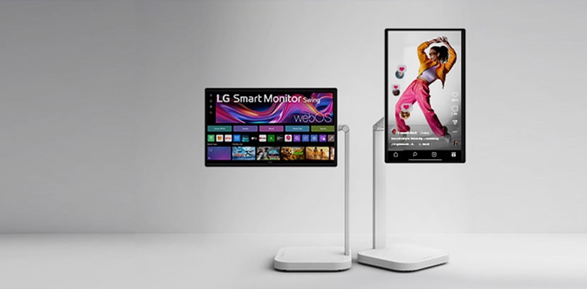 Čelní pohled na dva displeje LG Smart Monitor Swing s webOS, jeden v horizontální orientaci zobrazující domovskou obrazovku a druhý ve vertikální orientaci zobrazující vertikální video s rozhraním sociálních médií.