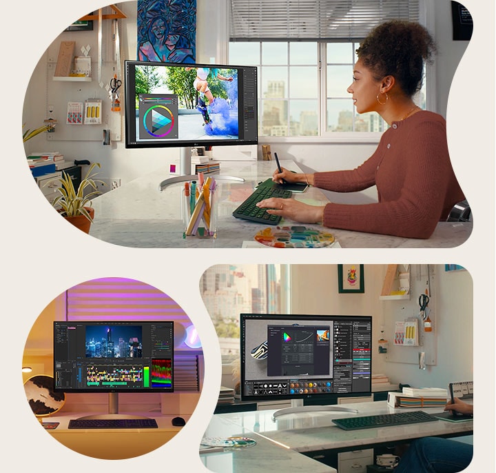 Scéna práce ve Photoshopu, streamování a stříhání videa na monitoru 27UQ850V.	