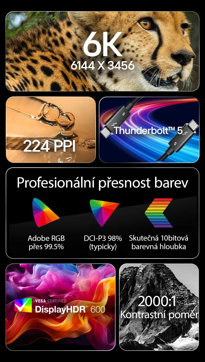 6 různých obrázků s textem naznačujícím klíčové vlastnosti UltraFine
