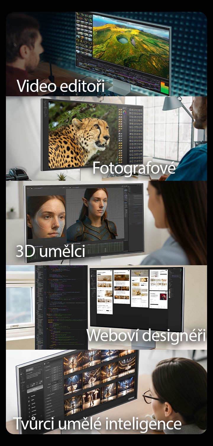 5 obrázků zachycujících různé tvůrčí pracovníky pracující na monitorech UltraFine s využitím různých nástrojů.