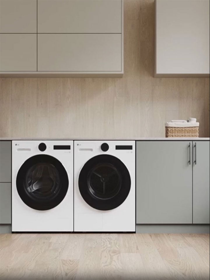 LG front load Washing Machine installed inside a beige cupboard on the left, with a plant placed on the right.	