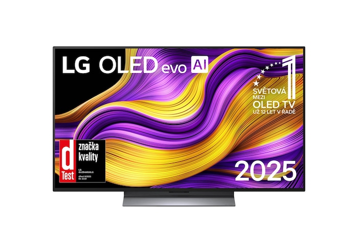 Čelní pohled na LG OLED evo AI C5 4K Smart TV. Na obrazovce je emblém 12 let světové jedničky OLED a logo LG OLED evo AI 2025.