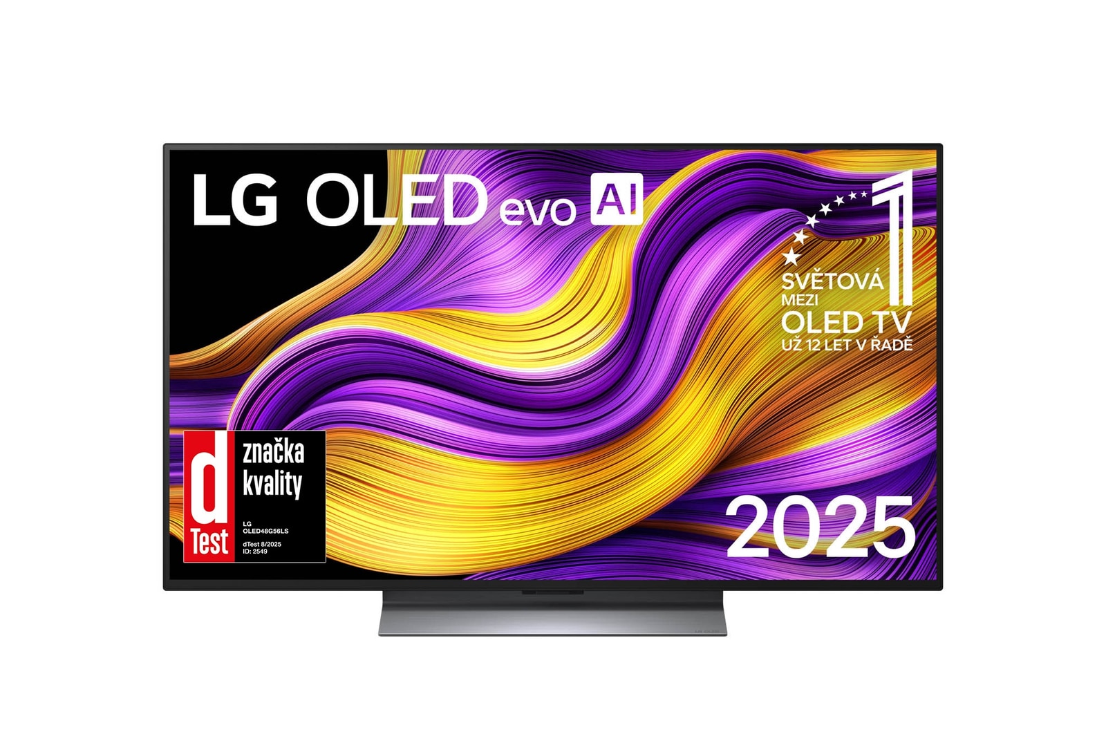 Čelní pohled na LG OLED evo AI C5 4K Smart TV. Na obrazovce je emblém 12 let světové jedničky OLED a logo LG OLED evo AI 2025.
