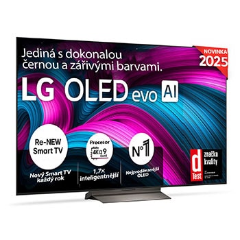Čelní pohled na LG OLED evo AI C5 4K Smart TV. Na obrazovce je emblém 12 let světové jedničky OLED a logo LG OLED evo AI 2025.