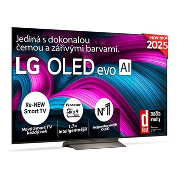 Čelní pohled na LG OLED evo AI C5 4K Smart TV. Na obrazovce je emblém 12 let světové jedničky OLED a logo LG OLED evo AI 2025.