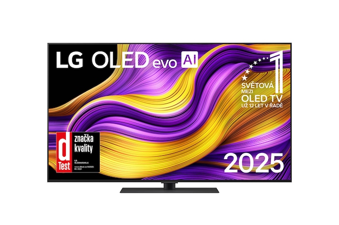 Čelní pohled na LG OLED evo AI C5 4K Smart TV. Na obrazovce je emblém 12 let světové jedničky OLED a logo LG OLED evo AI 2025.