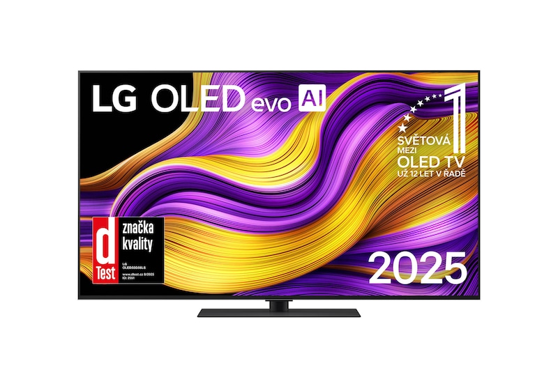 Čelní pohled na LG OLED evo AI C5 4K Smart TV. Na obrazovce je emblém 12 let světové jedničky OLED a logo LG OLED evo AI 2025.