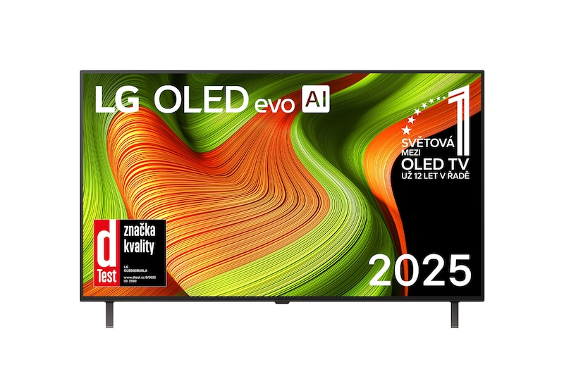 Čelní pohled na LG OLED AI B5 4K Smart TV. Na obrazovce je emblém 12 let světové jedničky OLED a logo LG OLED AI 2025.