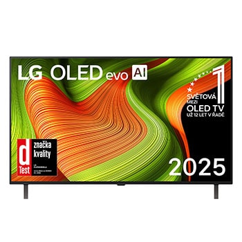 Čelní pohled na LG OLED AI B5 4K Smart TV. Na obrazovce je emblém 12 let světové jedničky OLED a logo LG OLED AI 2025.