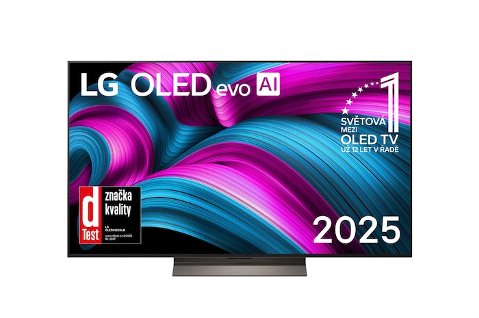 Čelní pohled na LG OLED evo AI C5 4K Smart TV. Na obrazovce je emblém 12 let světové jedničky OLED a logo LG OLED evo AI 2025.