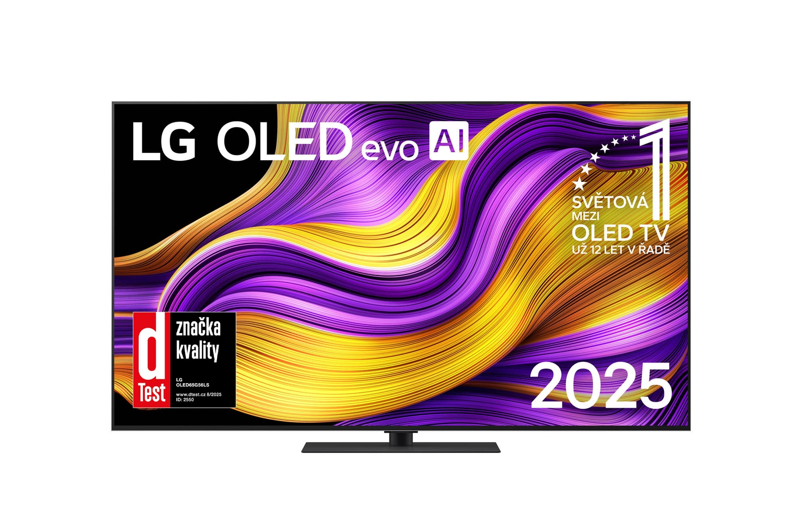 Čelní pohled na LG OLED evo AI C5 4K Smart TV. Na obrazovce je emblém 12 let světové jedničky OLED a logo LG OLED evo AI 2025.