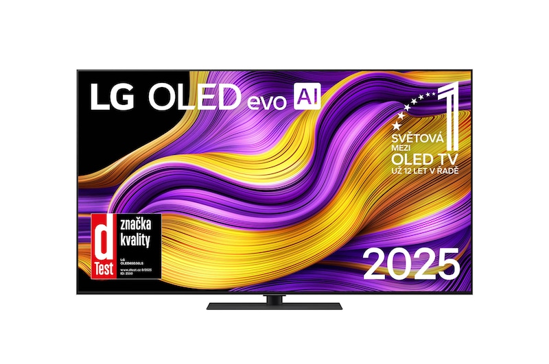 Čelní pohled na LG OLED evo AI C5 4K Smart TV. Na obrazovce je emblém 12 let světové jedničky OLED a logo LG OLED evo AI 2025.