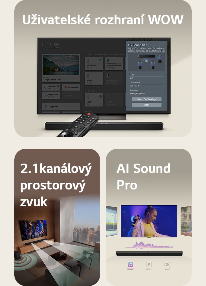 LG Remote směřuje k televizoru LG se soundbarem LG pod ním. Na LG TV se zobrazuje nabídka rozhraní WOW Interface.  LG Soundbar, LG TV a subwoofer v obývacím pokoji zobrazují obraz na obrazovce a přehrávají hudební představení. Dvě větve bílých zvukových vln tvořených kapkami se promítají ze soundbaru a subwoofer vytváří zvukový efekt zespodu.  LG Soundbar se třemi různými TV obrazovkami nad sebou. Na jedné se promítá film, na druhé koncert a na třetí zpravodajství. Pod soundbarem jsou tři ikony pro zobrazení jednotlivých žánrů.