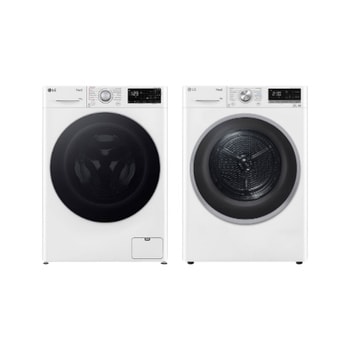 Bílá pračka LG a bílá sušička LG ve sladěném designu vedle sebe.