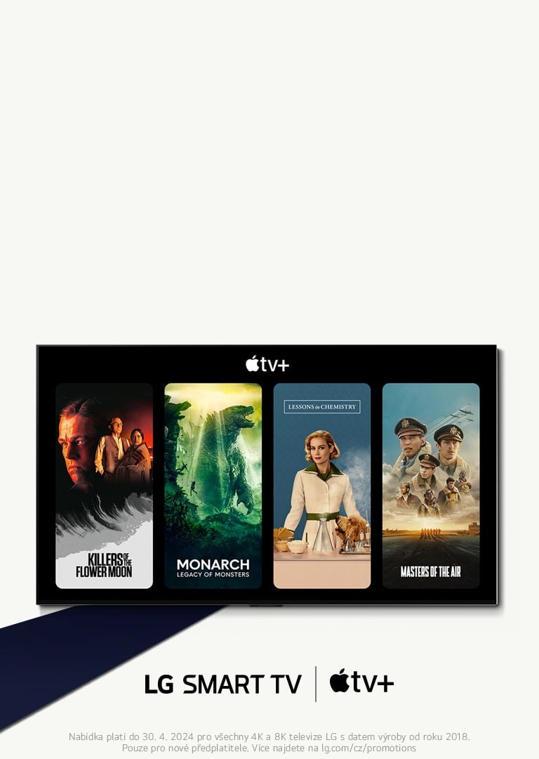 An image of LG OLED TV. Apple TV+'s contents is on the screen and the headline is 'Get three months of Apple TV+ free with LG Smart TVs.'
