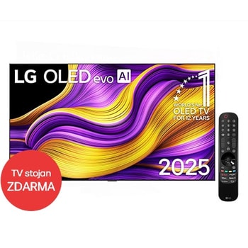 Čelní pohled na LG OLED evo AI G5 4K Smart TV. Na obrazovce je emblém 12 let světové jedničky OLED a logo LG OLED evo AI 2025.