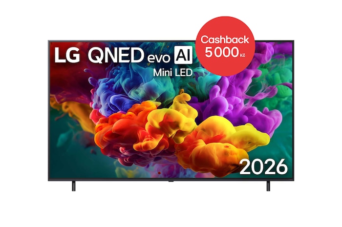 Pohled zepředu na LG QNED evo AI QNED85 Mini LED, uvedený na trh v roce 2026, zaplňuje obrazovku živými, plynulými výbuchy barevných pohybů připomínajících malbu, přičemž husté mraky barev se plynule mísí po celé ploše displeje.