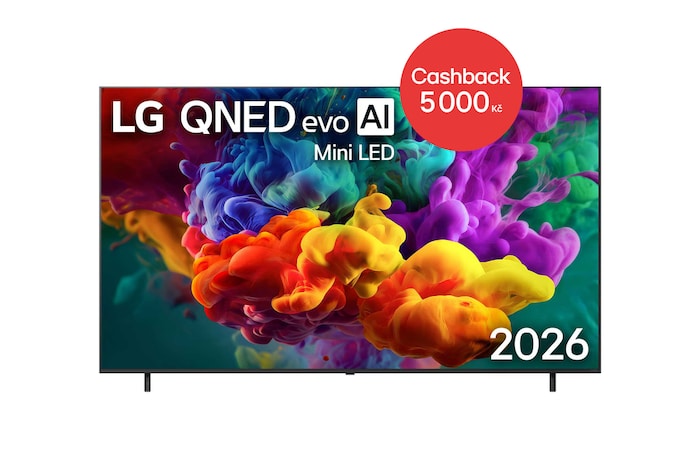 Pohled zepředu na LG QNED evo AI QNED85 Mini LED, uvedený na trh v roce 2026, zaplňuje obrazovku živými, plynulými výbuchy barevných pohybů připomínajících malbu, přičemž husté mraky barev se plynule mísí po celé ploše displeje.