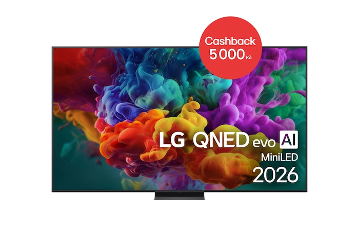 Pohled zepředu na LG QNED evo AI QNED87/86/85 Mini LED, uvedený na trh v roce 2026, zaplňuje obrazovku živými, plynulými výbuchy barevných pohybů připomínajících malbu, přičemž husté mraky barev se plynule mísí po celé ploše displeje.