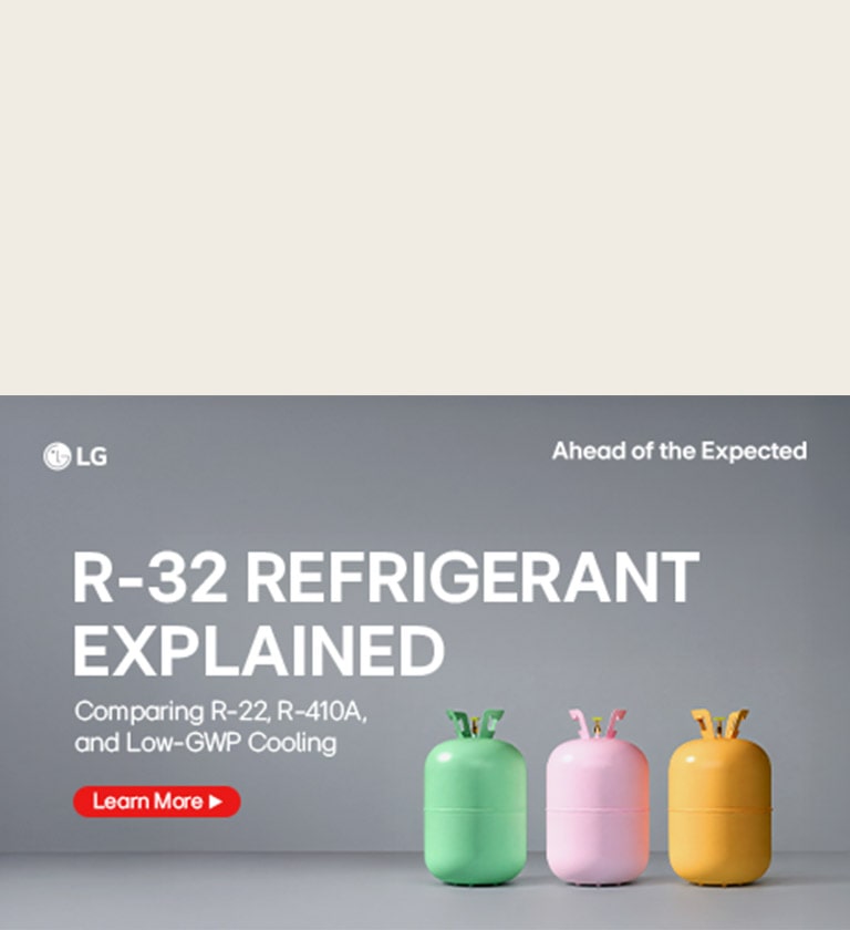 Titulní vizuál blogu HVAC od LG s vysvětlením chladiva R-32 a srovnáním R-22, R-410A a chlazení s nízkým GWP.