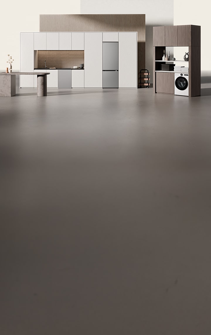 Chladnička s mrazničkou LG Fit & Max přirozeně splyne s moderní kuchyňskou sestavou, kterou doplňuje hřejivé osvětlení a minimalistický nábytek.