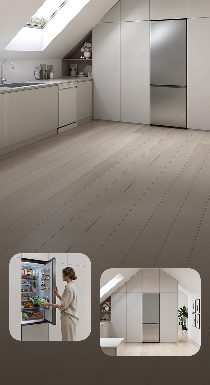 Vysoká chladnička s mrazničkou LG v elegantním stříbrném provedení se zapuštěným usazením v bílé podkrovní kuchyni se světlíkem a žena, která chladničku otevírí.