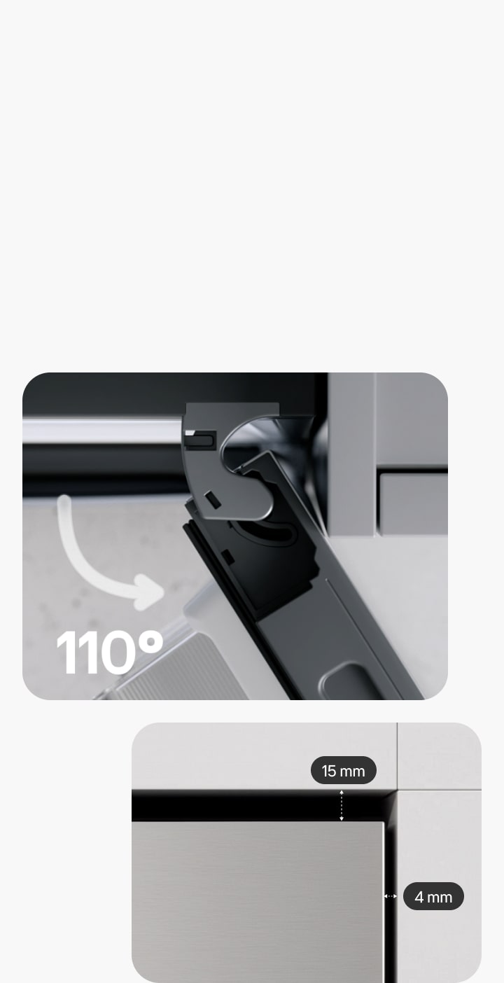 Pant chladničky s mrazničkou LG Fit & Max umožňuje otevření dveří do 110° při bočním odstupu 4 mm pro instalaci do jedné roviny se skříňkami.