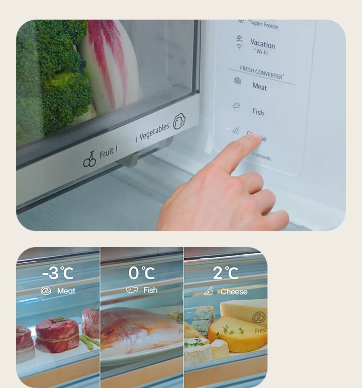 Přednastavení Fresh Converter pro chladničku s mrazničkou LG Fit & Max pro maso, ryby a sýry; uživatel upravuje nastavení ovládacího panelu.