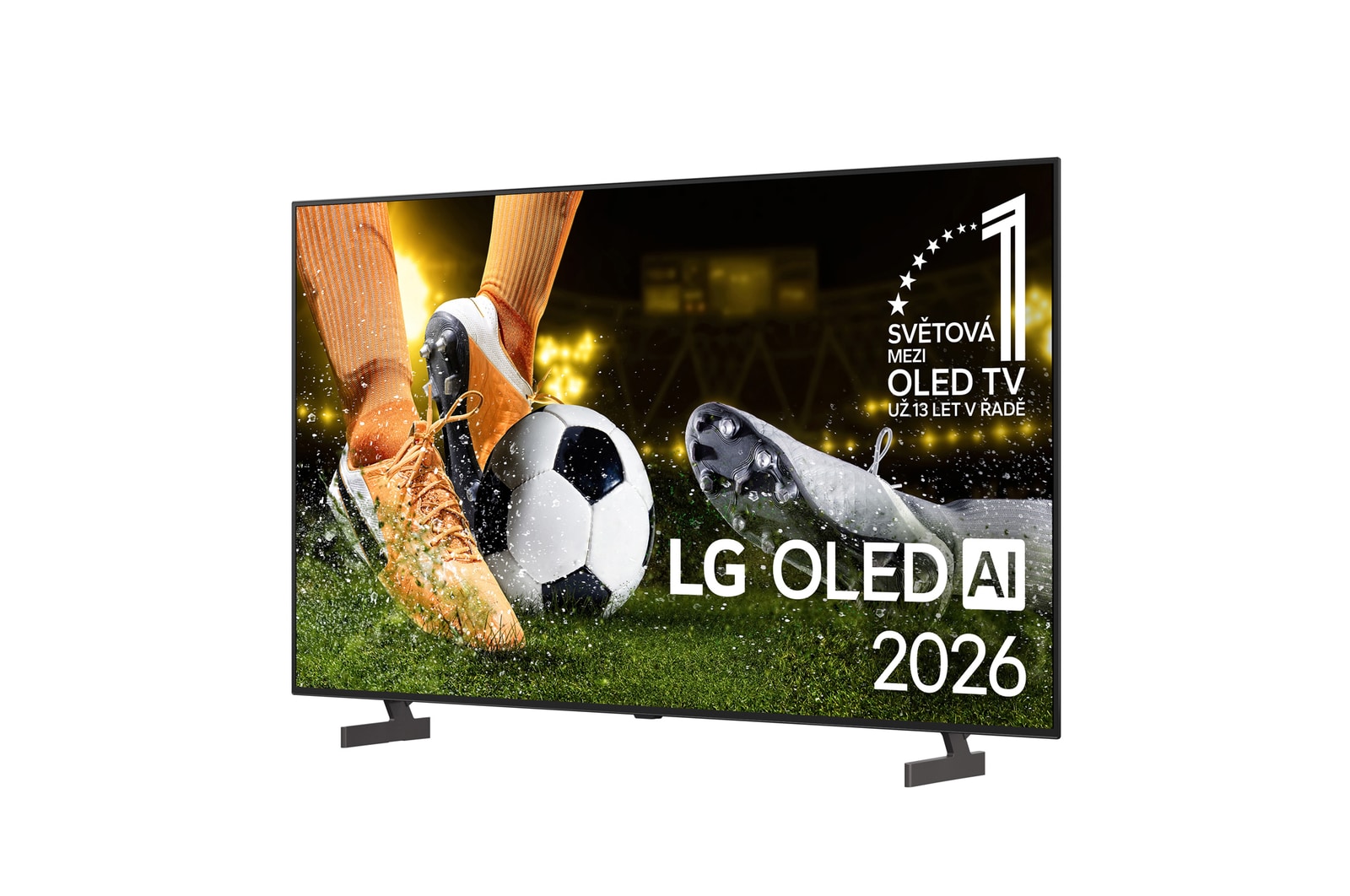 LG OLED AI B6E vyobrazený zepředu a z boku vyniká 55" displejem s šířkou obrazovky 1228 mm, celkovou výškou 708 mm a ultratenkým profilem 45,9 mm bez stojanu.