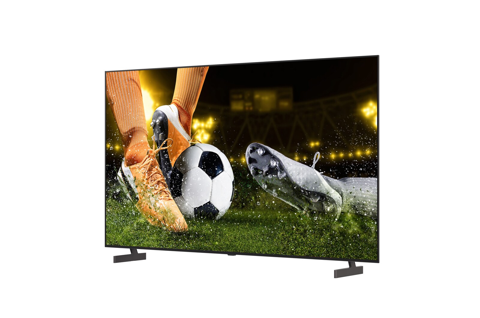 LG OLED AI B6E vyobrazený zepředu a z boku vyniká 55" displejem s šířkou obrazovky 1228 mm, celkovou výškou 708 mm a ultratenkým profilem 45,9 mm bez stojanu.