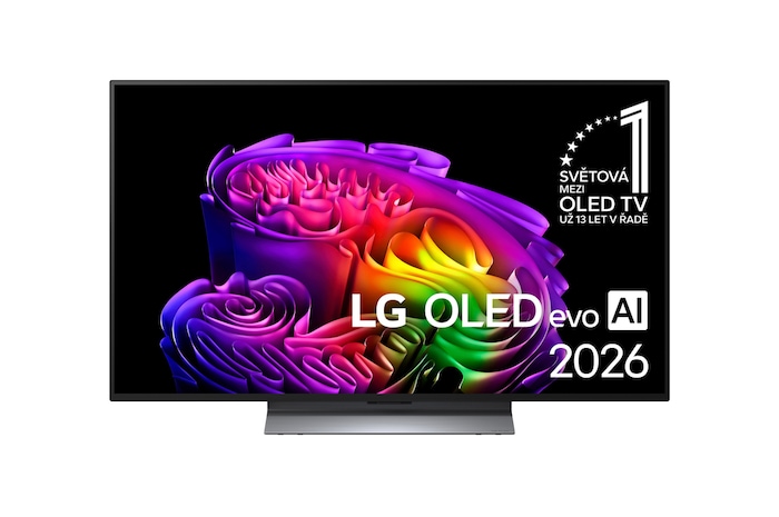Přední strana modelu LG OLED evo AI G6, který byl uveden na trh v roce 2026, se vyznačuje tenkým černým rámečkem a živým, plastickým obrazem s bohatými vrstvami a pestrobarevnými tvary, které vyplňují celou obrazovku, společně s označením „Světová jednička mezi OLED TV již 13 let“.