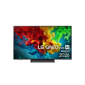 Čelní pohled na LG QNED evo AI QNED83  Mini LED, uvedený na trh v roce 2026, zaplňuje obrazovku živými, plynulými toky barevných pohybů připomínajících malbu, přičemž bohatě vrstvené barvy se hladce rozprostírají po celém displeji.