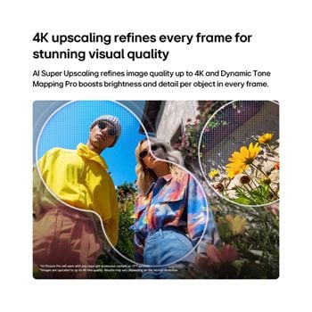 LG QNED evo AI QNED87/86/85 Mini LED s technologií AI Picture Pro a Dynamic Tone Mapping Pro zobrazuje scénu outdoorového životního stylu z nízkého úhlu s dvěma lidmi uprostřed živých květin, přičemž AI rozpoznává a převádí každý snímek na rozlišení 4K pro jasnější texturu a detaily.
