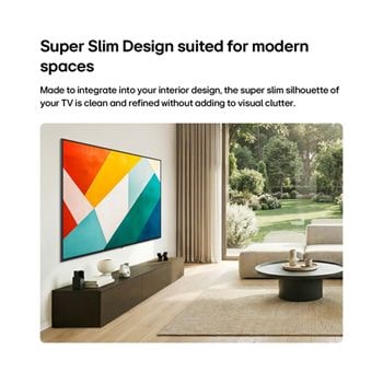 LG QNED evo AI QNED87/86/85 Mini LED s ultra tenkým designem je připevněn na stěnu v prosvětleném, otevřeném obývacím prostoru a ladí s interiérem, zatímco zobrazuje výrazné geometrické abstraktní umělecké dílo.