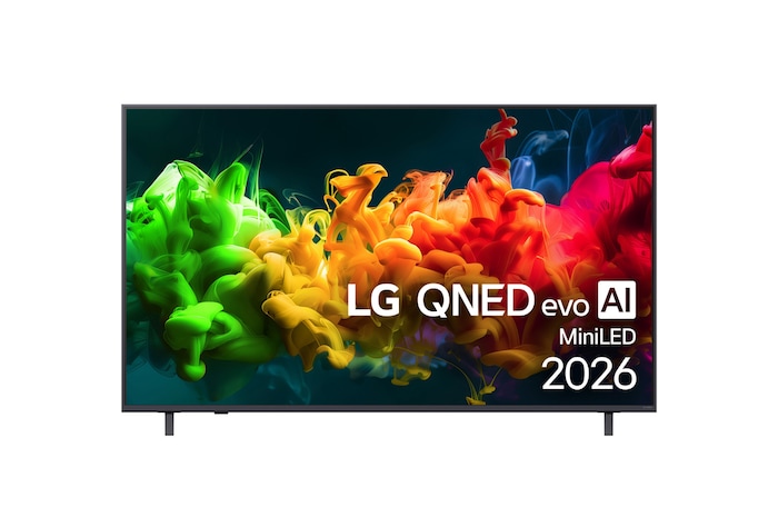 Čelní pohled na LG QNED evo AI QNED80 Mini LED, uvedený na trh v roce 2026, zaplňuje obrazovku živými, plynulými toky barevných pohybů připomínajících malbu, přičemž bohatě vrstvené barvy se hladce rozprostírají po celém displeji.